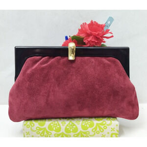 Burgundy Suede Pushlock Framed Closure Pouch Wallet - Made in Italy